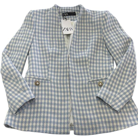 ZARA Blazer Womens XL Blue White Houndstooth Open Front Tweed Lined Preppy - Picture 1 of 9
